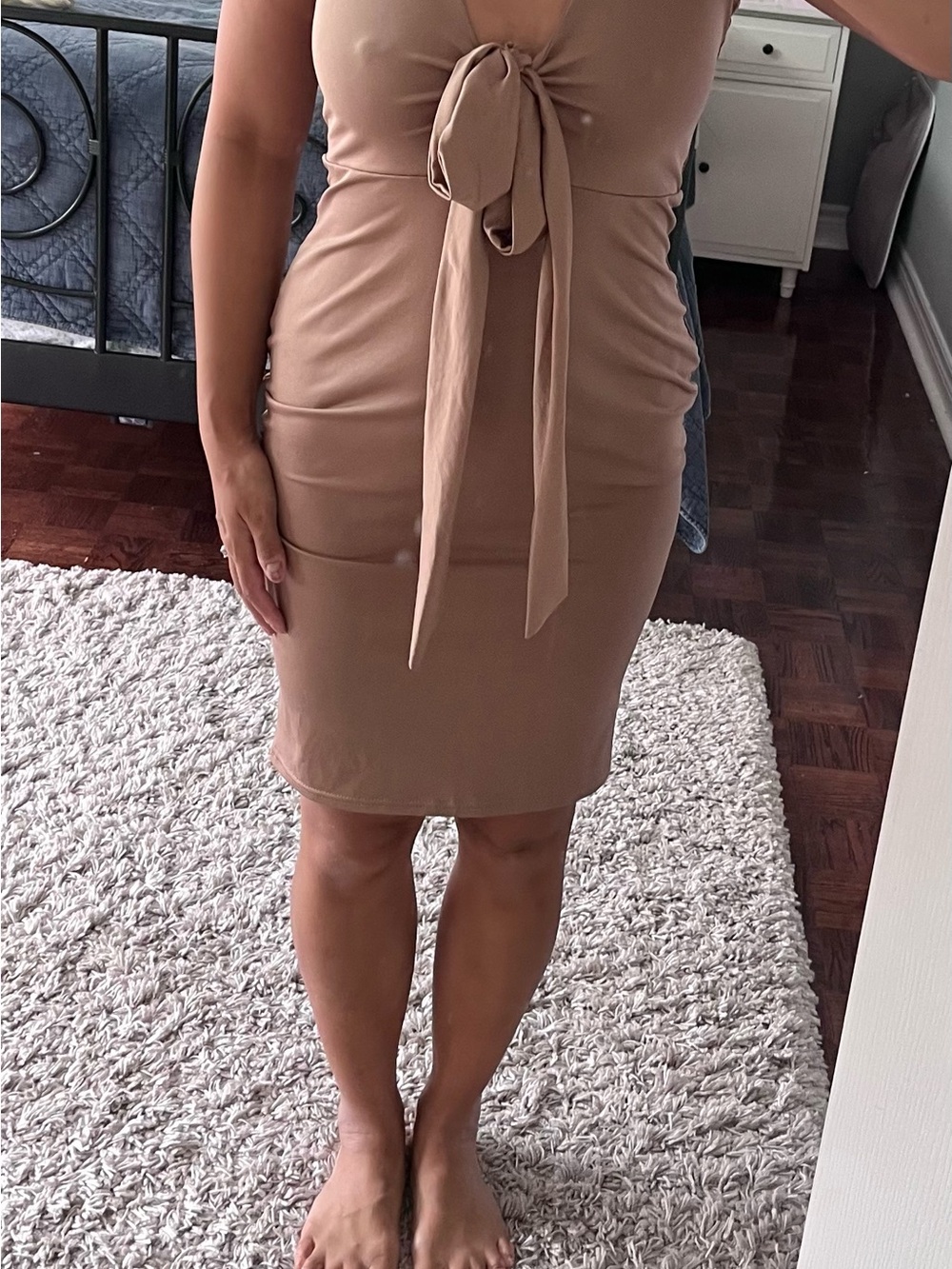 Backless Tie-Front Bodycon Dress in Tan new without tags